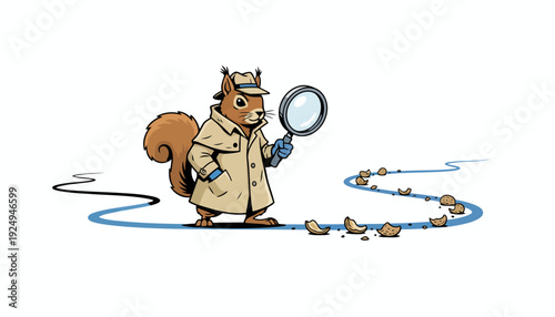 Detective Squirrel Investigating Clues with Magnifying Glass.