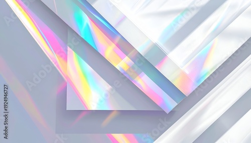 Geometric composition with overlapping translucent shapes, prismatic light effects, and soft shadows