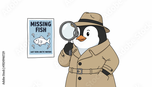 Penguin Detective Investigating Missing Fish Mystery with Magnifying Glass.