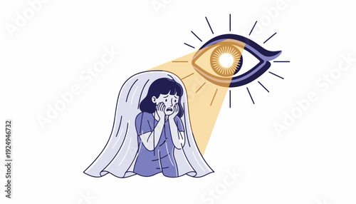Young woman hiding under blanket from large watchful eye illustration.