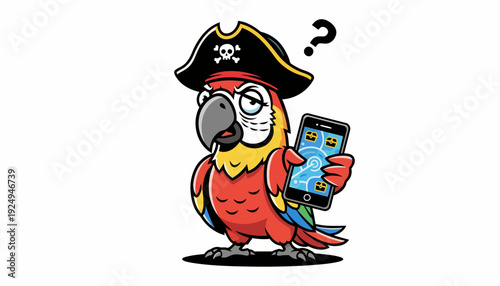 Confused Pirate Parrot Holding Smartphone with Question Mark Above Head.