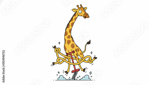 Cartoon Giraffe Tangled in Its Own Legs Looking Confused and Dizzy.
