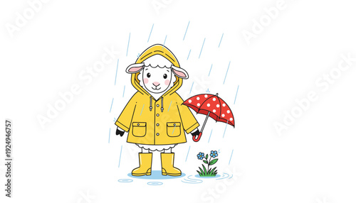 Adorable lamb in yellow raincoat with red umbrella standing in rain.