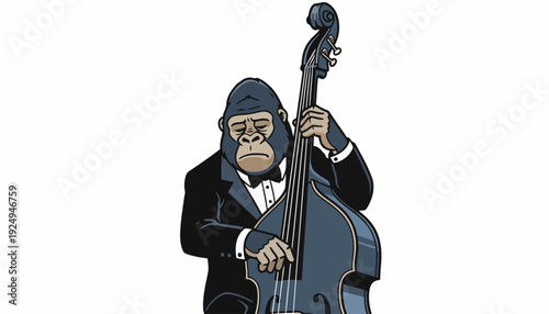 Gorilla Playing Upright Bass in a Tuxedo.