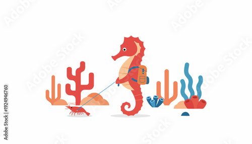 Illustration of a seahorse with a backpack cleaning the ocean floor.