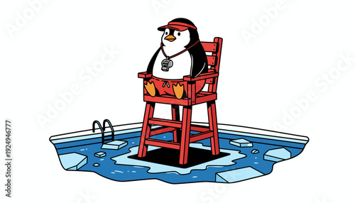 Penguin Lifeguard in a Red Chair by a Swimming Pool with Ice Floes.