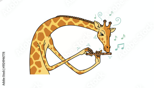 Charming Giraffe Playing Flute with Musical Notes.