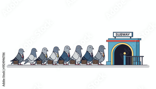 Pigeons in Business Attire Waiting in Line for Subway Entrance.