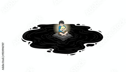 A young person sits contemplatively on a dark, reflective surface, surrounded by black liquid.