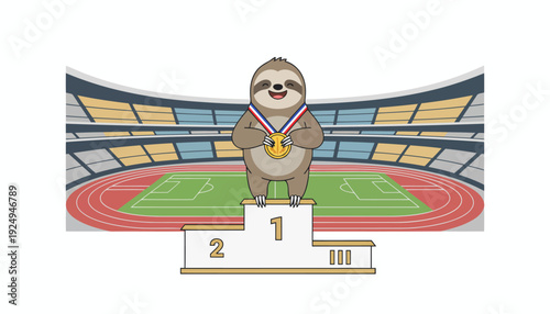 Happy sloth athlete standing on winner podium with gold medal.