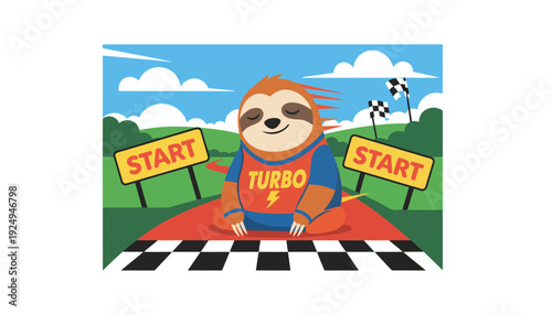 Sloth wearing Turbo shirt at starting line of race.
