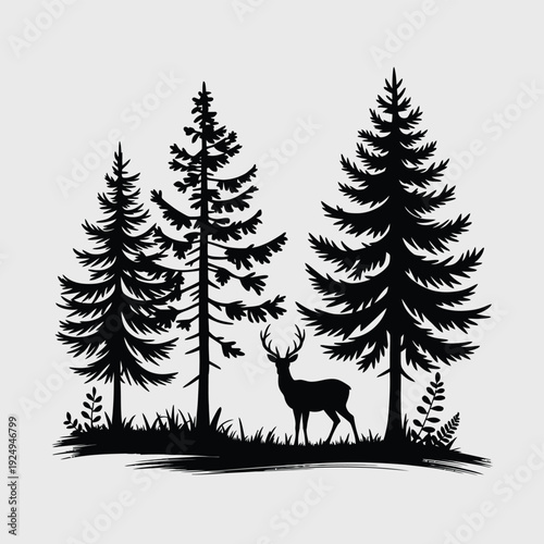 A lone deer standing amidst a serene forest of tall pine trees in black and white isolated on white background, Vector, illustration