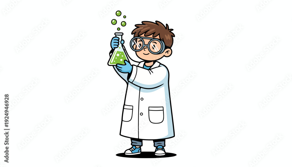 Obraz premium Young scientist boy cartoon character holding a bubbling flask with green liquid.