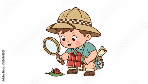 Young Explorer Boy Discovering Ladybug with Magnifying Glass.