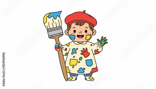 Happy young artist holding paintbrush covered in colorful paint.