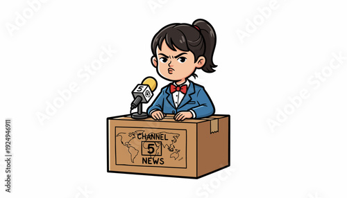 Cartoon Reporter Delivering News from Cardboard Box Podium.