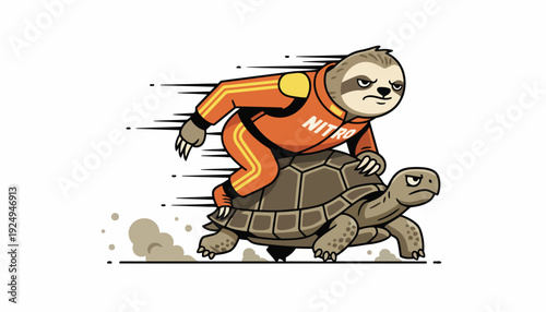 Racing Sloth Riding Speedy Turtle in a Humorous Illustration.