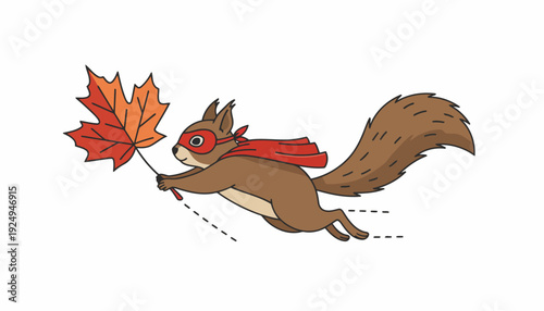 Flying Squirrel Superhero with Autumn Leaf, Dynamic Cartoon Illustration.