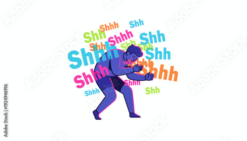 Man gesturing for silence with Shhh text surrounding him.