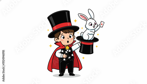 Young Magician Boy Performing Magic Trick with Rabbit and Hat.