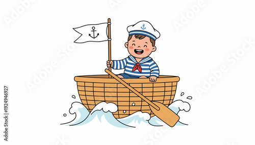 Happy young sailor boy in a small boat on the ocean waves.