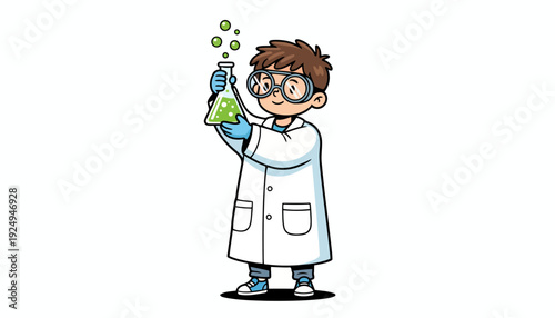 Young scientist boy cartoon character holding a bubbling flask with green liquid.