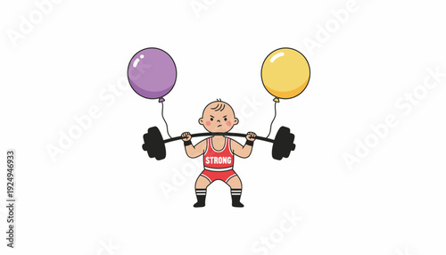Strong baby lifting barbell with balloons attached.