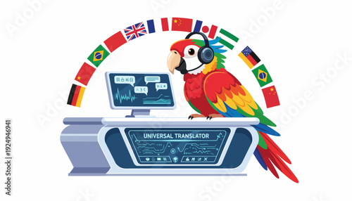 Colorful parrot translator wearing headphones at a translation station with flags.