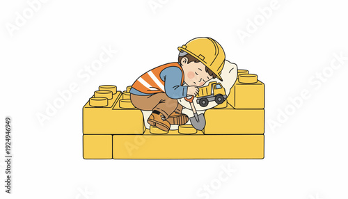 Young boy in construction attire sleeping peacefully on large yellow toy blocks with toy truck.