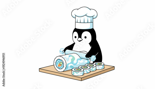 Cute Cartoon Penguin Chef Preparing Fresh Sushi Rolls.