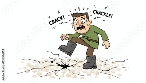 Cartoon Man Stepping on Cracking Ground with Fearful Expression.