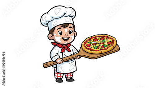 Happy young chef holding a delicious freshly baked pizza on a wooden peel.