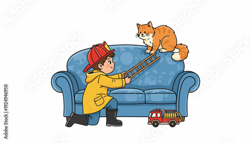Young child dressed as firefighter rescuing cat from blue sofa.