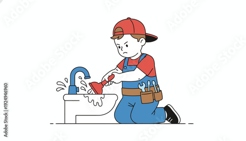 Young Plumber Fixing Leaky Faucet with Tools and Determination.