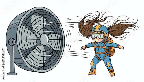 Cartoon girl skydiver in blue suit with goggles and long hair blowing from fan wind.