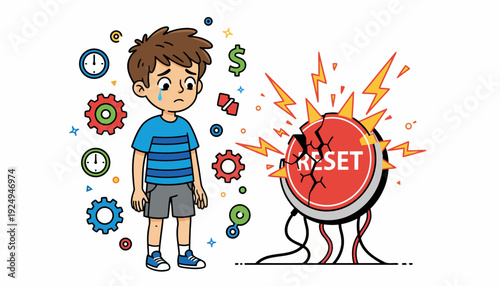 Sad boy looking at broken reset button, concept of problem, failure, and frustration.