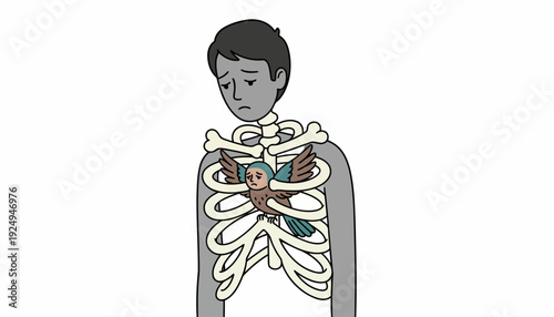 Sad Man with Bird Trapped Inside Rib Cage Representing Emotional Struggle.