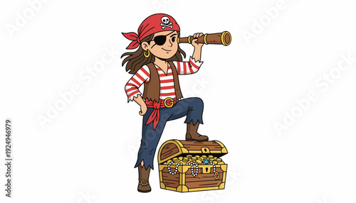 Cartoon Pirate Girl with Spyglass Standing on Treasure Chest.