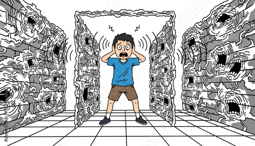 Stressed man covering ears from overwhelming noise.