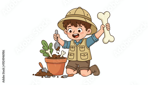 Happy young boy explorer digging for dinosaur bones in a pot.