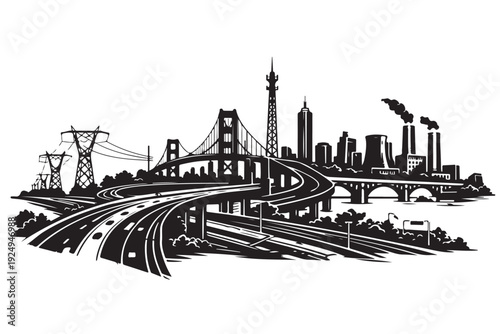 City Infrastructure Skyline Silhouette, Vector Illustration, Isolated on White Background