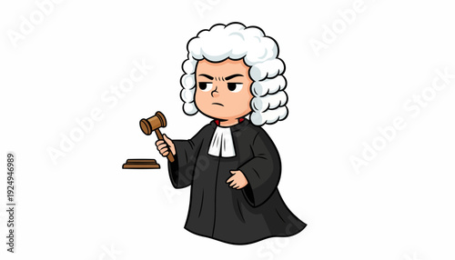Cartoon Judge Character with Gavel and Wig Illustrating Justice and Law.