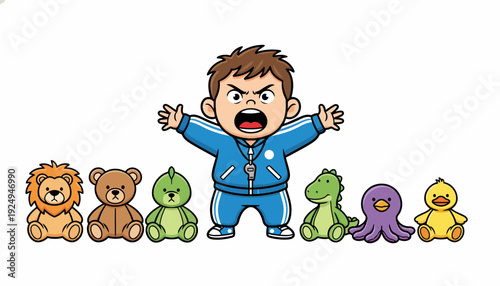 Angry boy surrounded by cute plush animal toys.
