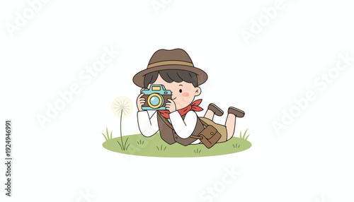 Young boy photographer taking pictures with vintage camera.