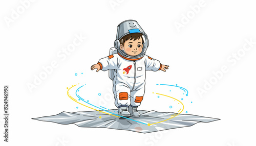 Young Astronaut Child Exploring Space with Rocket Suit.