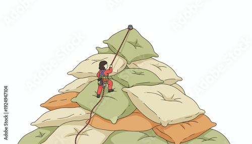 Small person climbing a mountain of soft pillows with rope and gear.