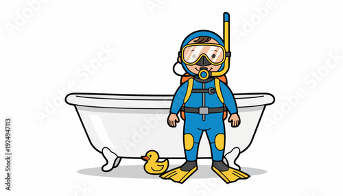 Cartoon Diver in Full Scuba Gear Standing Next to Bathtub with Rubber Duck.