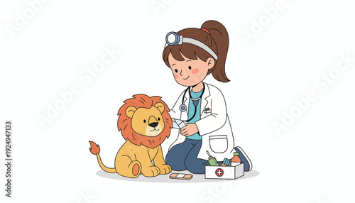 Young female veterinarian examining a cute lion cub with care.