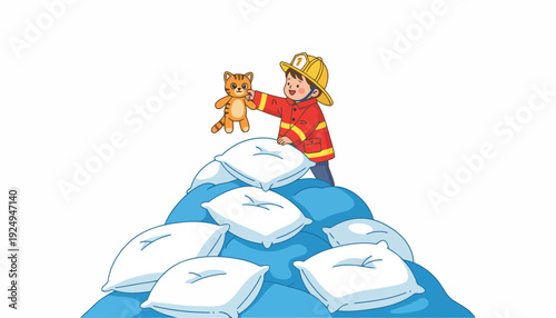 Young Child Dressed as Firefighter Rescues Stuffed Cat from Pillow Pile.