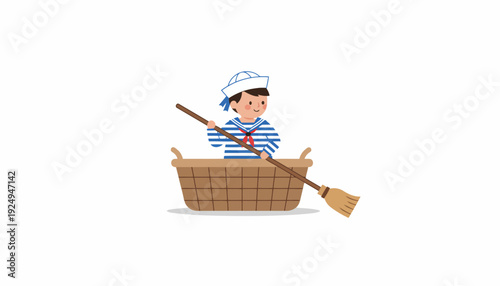 Young Boy Dressed as Sailor in Wicker Basket with Oar.